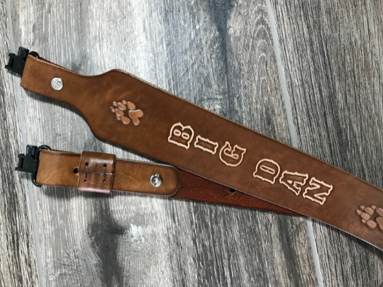 Personalized Leather Rifle Sling, You Choose the Stamp, Finished in Walnut
