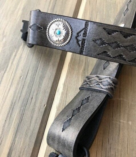 Hand-tooled rifle sling (gun-sling), finished in antique smoke (gray)