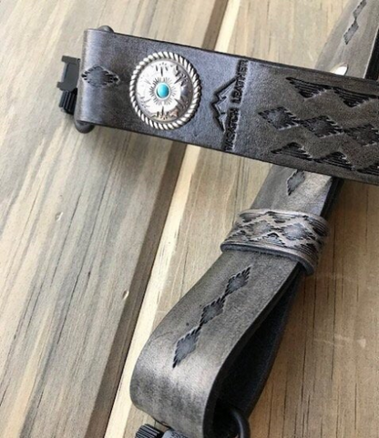 Hand-tooled rifle sling (gun-sling), finished in antique smoke (gray)