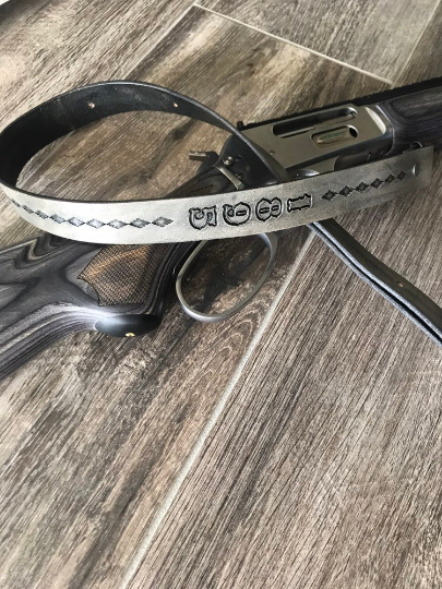 Hand-tooled leather Rifle Sling, Finished in Antique Smoke (Gray/Black) 1.25 inch width