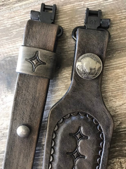 Personalized Leather Rifle Sling, Hand-tooled Gun Sling, Finished in Antique Smoke