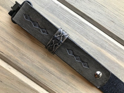Hand-tooled rifle sling (gun-sling), finished in antique smoke (gray)