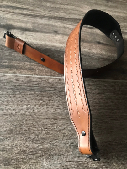 Hand-tooled Leather Rifle Sling, Finished in Walnut and Black, Padded with Suede Backing