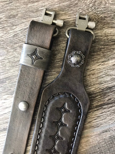 Personalized Leather Rifle Sling, Hand-tooled Gun Sling, Finished in Antique Smoke