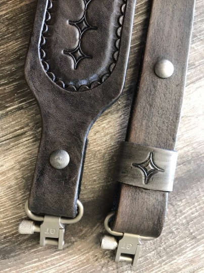 Personalized Leather Rifle Sling, Hand-tooled Gun Sling, Finished in Antique Smoke