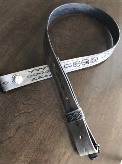 Hand-tooled rifle sling (gun-sling), finished in antique smoke (gray)