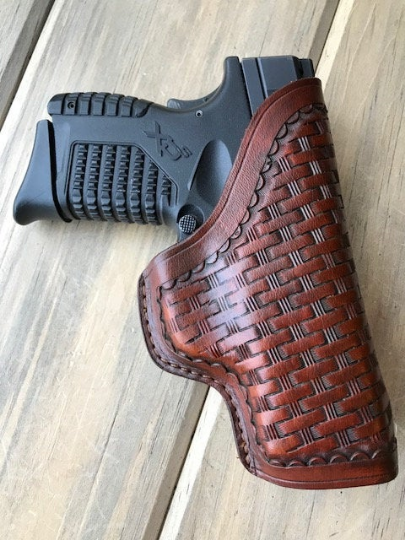 Custom Fit Leather Clip Holster with Basketweave Tooling