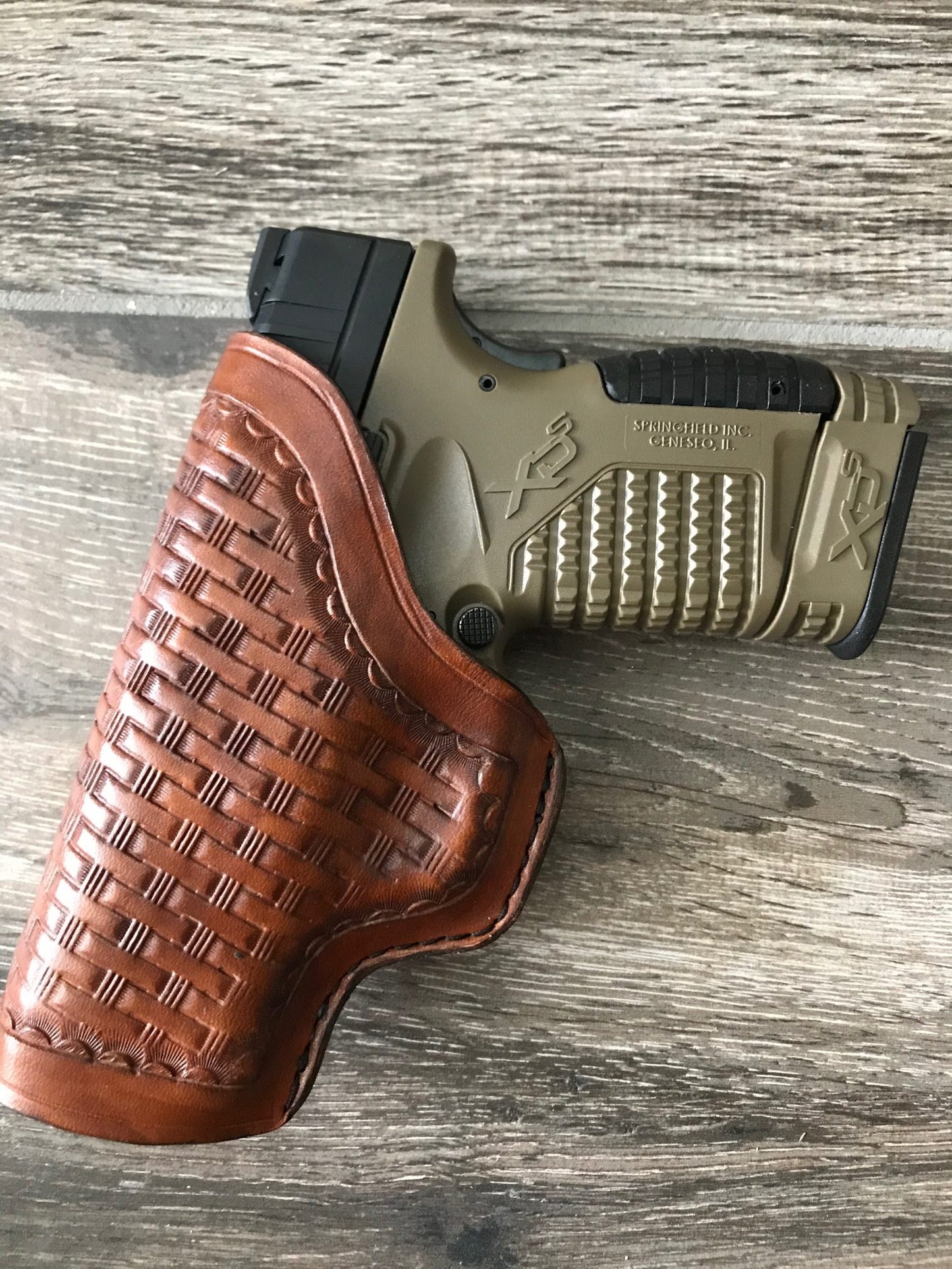 Custom Fit Leather Clip Holster with Basketweave Tooling