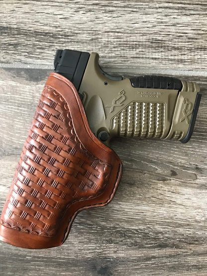 Custom Fit Leather Clip Holster with Basketweave Tooling