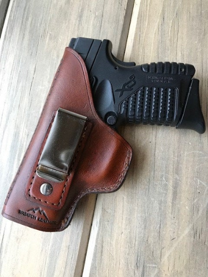 Custom Fit Leather Clip Holster with Basketweave Tooling