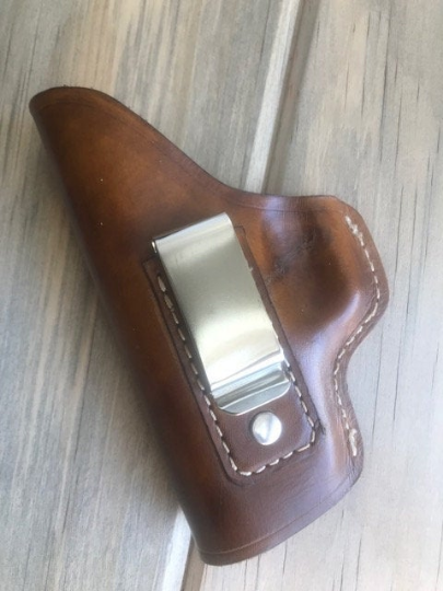 Custom Fit Leather Clip Holster with Basketweave Tooling